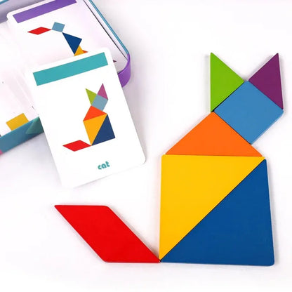Children's Wooden Colorful Tangram Iron Box Storage Jigsaw Puzzle Puzzle Early Education Intelligence Number Letter Wooden Toys