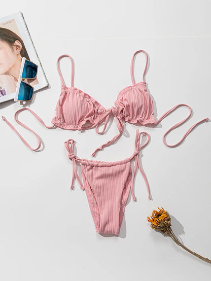 New 2025 Sexy Swimsuit Pit stripe Bikini Women Swimwear  Bathing Suits Push Up Biquinis Bandage Beachwear Solid Bikini Sets