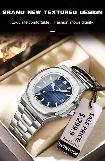 POEDAGAR Fashion Square Quartz Man Clock Waterproof Luminous Date Stainless Steel Watches For Men Luxury Business Men Wristwatch