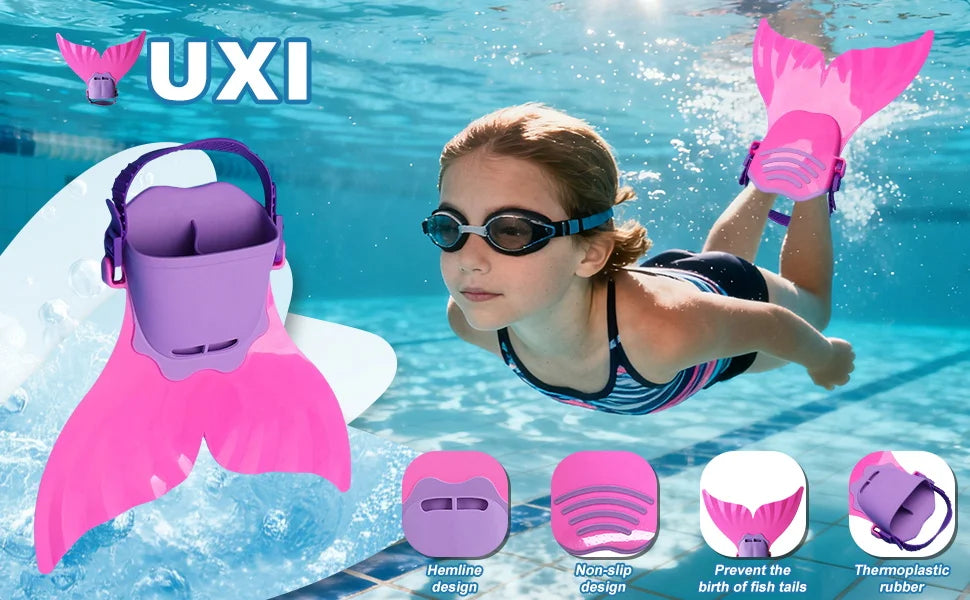 Adjustable Mermaid Silicone Fins Swimming Training & Beach, Soft Body Hard Fin with 3 Non-Slip Grips, Photo Cosplay Gear for Kid