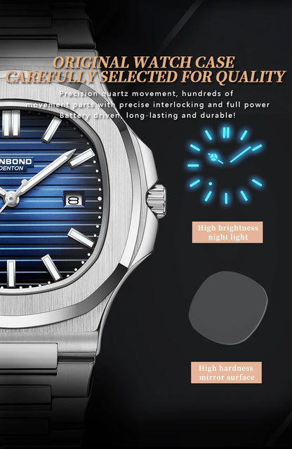 BINBOND sturdy stainless steel strap quartz wristwatches for men luxury luminous waterproof auto date accurate men's watch reloj