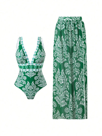 Blue One-Shoulder Ruffled Print Floral Swimsuit Set Cover Up Single Piece Micro Monokini Sexy Swimwear For Girls Summer Beach