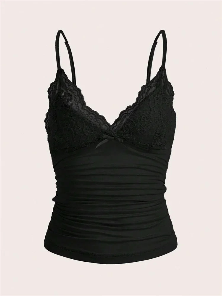 Contrast-Lace Bow-Front Cami Crop Top