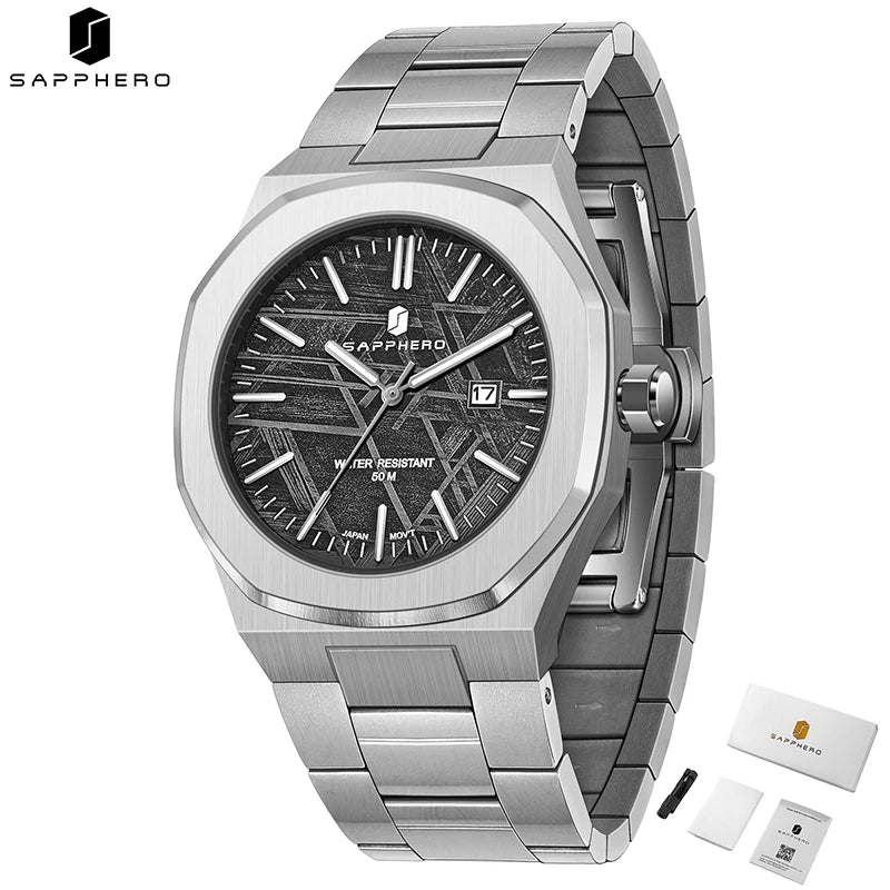 SAPPHERO Luxury Business Men's Watch Stainless Steel Waterproof Watch For Men Glowing Hand Date Function Tough Men Gift Watch