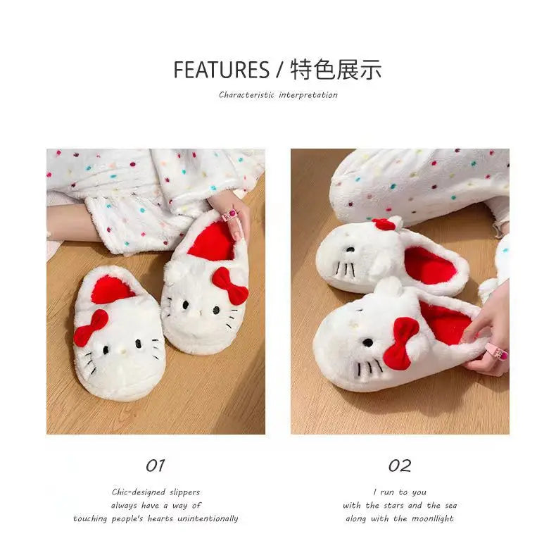 Kawaii Hellokitty Anime Warm Cotton Slippers Autumn Winter Thick Anti Slip Cartoon Plush House Slippers For Girls Surprise Gifts