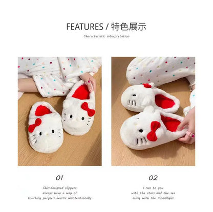 Kawaii Hellokitty Anime Warm Cotton Slippers Autumn Winter Thick Anti Slip Cartoon Plush House Slippers For Girls Surprise Gifts