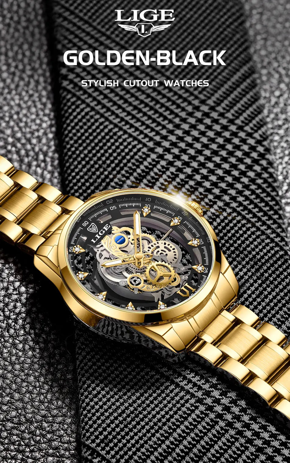 Original LIGE Men Watch Gold Stainless Steel Hollow Skeleton Quartz Watches for Men Fashion Military Waterproof Men Wristwatch