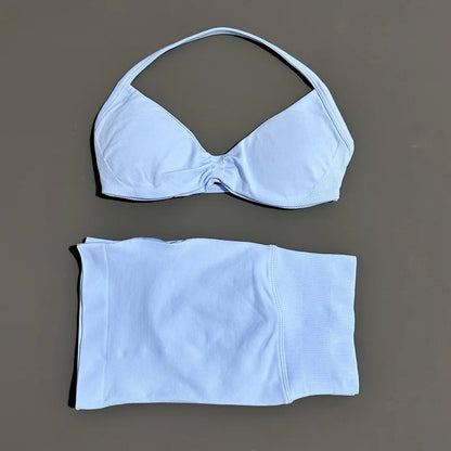 2 Pieces Yoga Gym Set Women Seamless Strappy Yoga Bra High Waist Workout Scrunch Shorts Sports Set Fitness Clothes Sportswear
