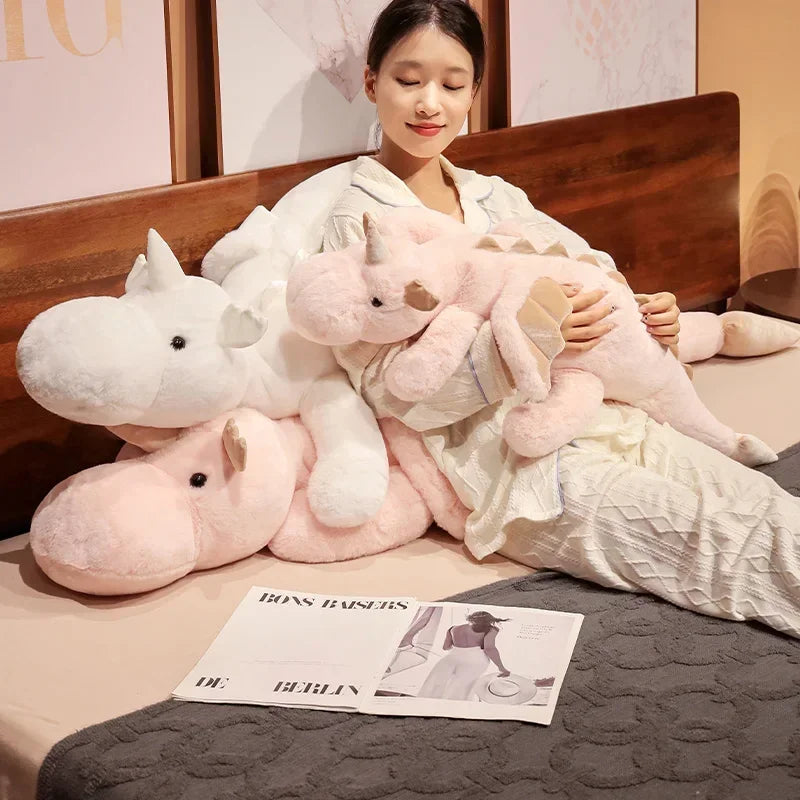 Cartoon Giant Flying Dragon White Pink Snow Dragon Plush Dinosaur Plushie Toy Soft Stuffed Animal Doll Big Sleep Pillow Kid Gift