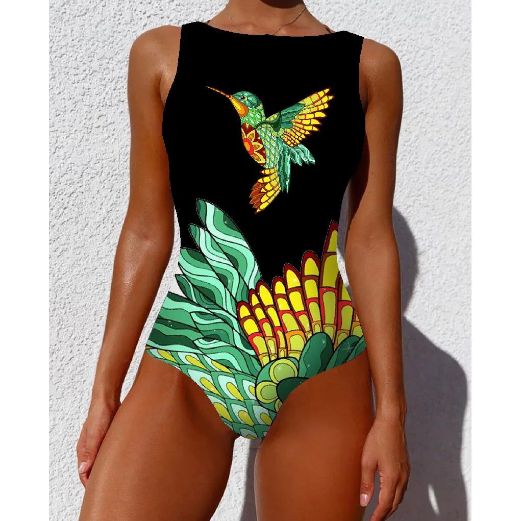 2026 New Printed One-piece Swimsuit Classic Printed Lace Up Swimsuit Women's Push Up Flower One-piece Suit Beach Wear For Female