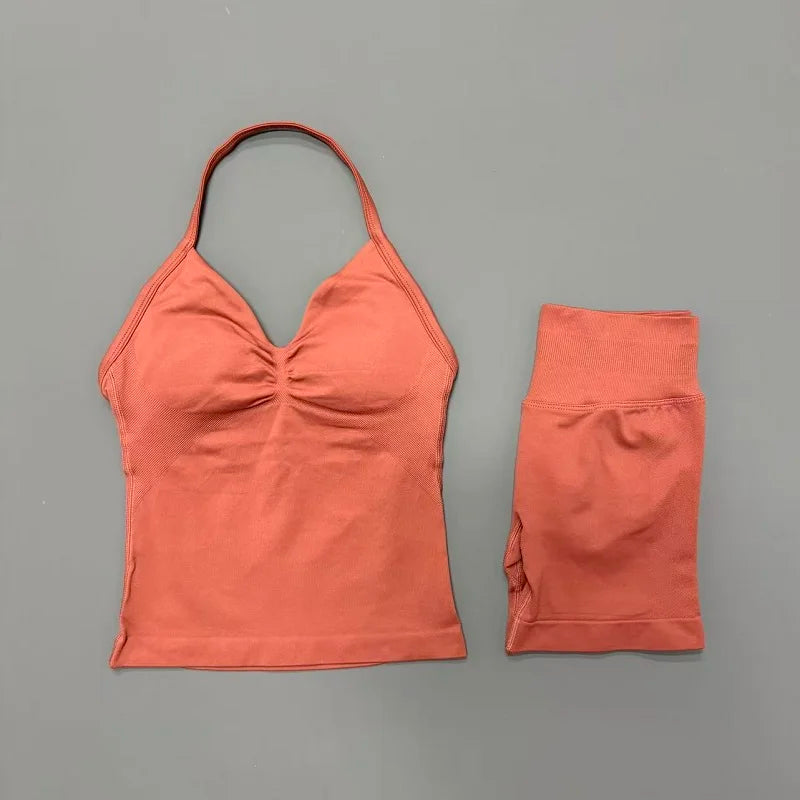 Yoga 2 Pieces Gym Set Women Backless Halter Tops High Waist Seamless Shorts Gym Suit Fitness Sports Bras Sportswear Workout Sets