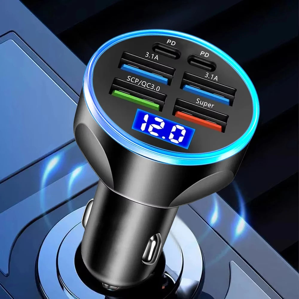 250W PD Car Charger QC3.0 Fast Charge two to Six Port Car Cigarette Lighter Plug Car Charger Flash Charge with Digital Display