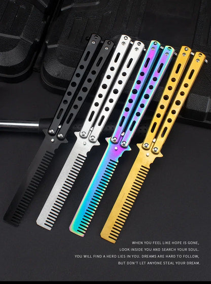 Stainless Steel Foldable Comb for Butterfly Knife Practice Training Beard Moustache Styling Tool Hairdressing Salon Brush