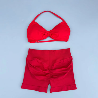 2 Piece Sports Gym Set Strappy Bra Yoga Underwear Short Sport Leggings Bicycle Running Sportswear Woman Seamless Yoga Set
