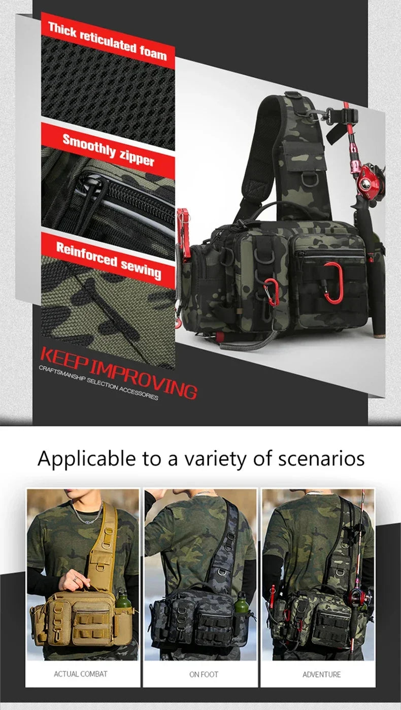 Large Capacity Fishing Gear Bag with Bait Box, 3-in-1 Shoulder Waist Crossbody Fishing Rod Storage Bag