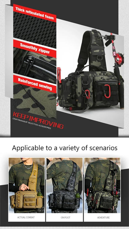 Large Capacity Fishing Gear Bag with Bait Box, 3-in-1 Shoulder Waist Crossbody Fishing Rod Storage Bag