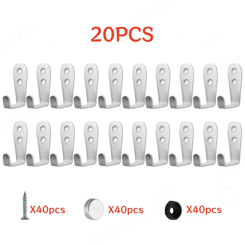 20/10 PCS Double Hole Hook Heavy Duty Stainless Steel Wall Hook Waterproof Hook Bathroom Hanging Towel Key Coat Bag