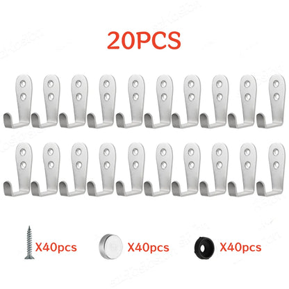 20/10 PCS Double Hole Hook Heavy Duty Stainless Steel Wall Hook Waterproof Hook Bathroom Hanging Towel Key Coat Bag