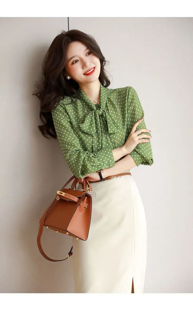 Spring Autumn New Shawl Collar Long Sleeve Blouse Women Bow Polka Dot Printing Cardigan Fashion Elegant Thin Style Shirt