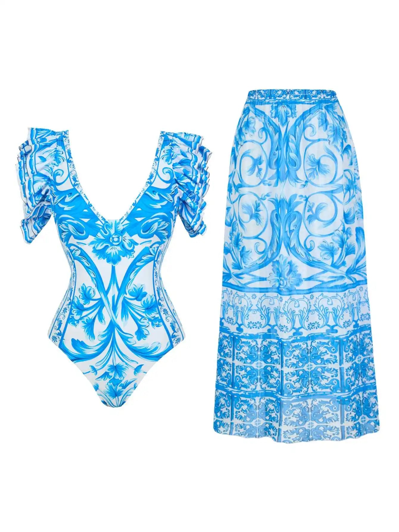 Blue One-Shoulder Ruffled Print Floral Swimsuit Set Cover Up Single Piece Micro Monokini Sexy Swimwear For Girls Summer Beach