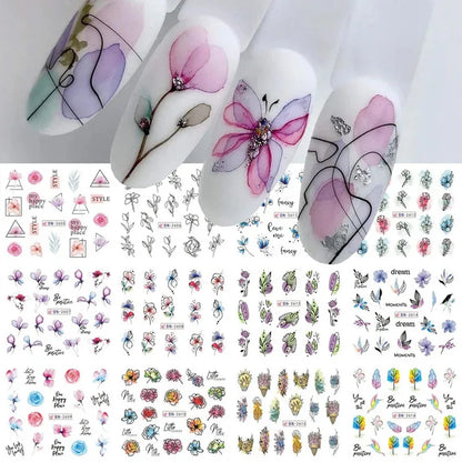 12 Pcs Summer Ink Blooming Flowers Nail Art Stickers, Water Decal Leaves Graffiti Slider Nail Decoration
