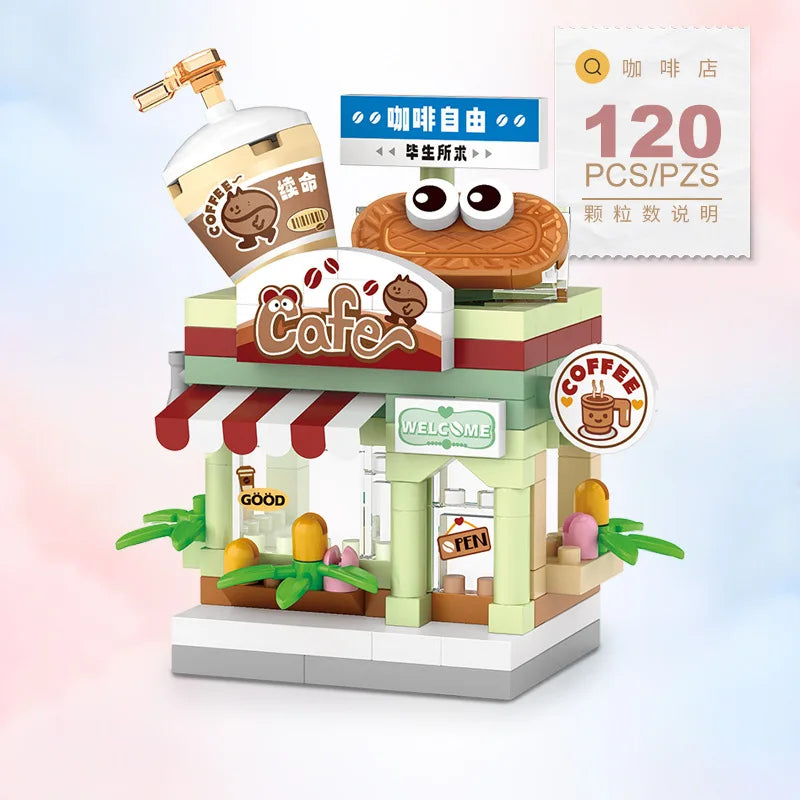 NEW Panda Pet Coffee Ice Cream Flower Shop Store Street View Food House Building Blocks Kit Girls Bricks Model Kids Toy Children
