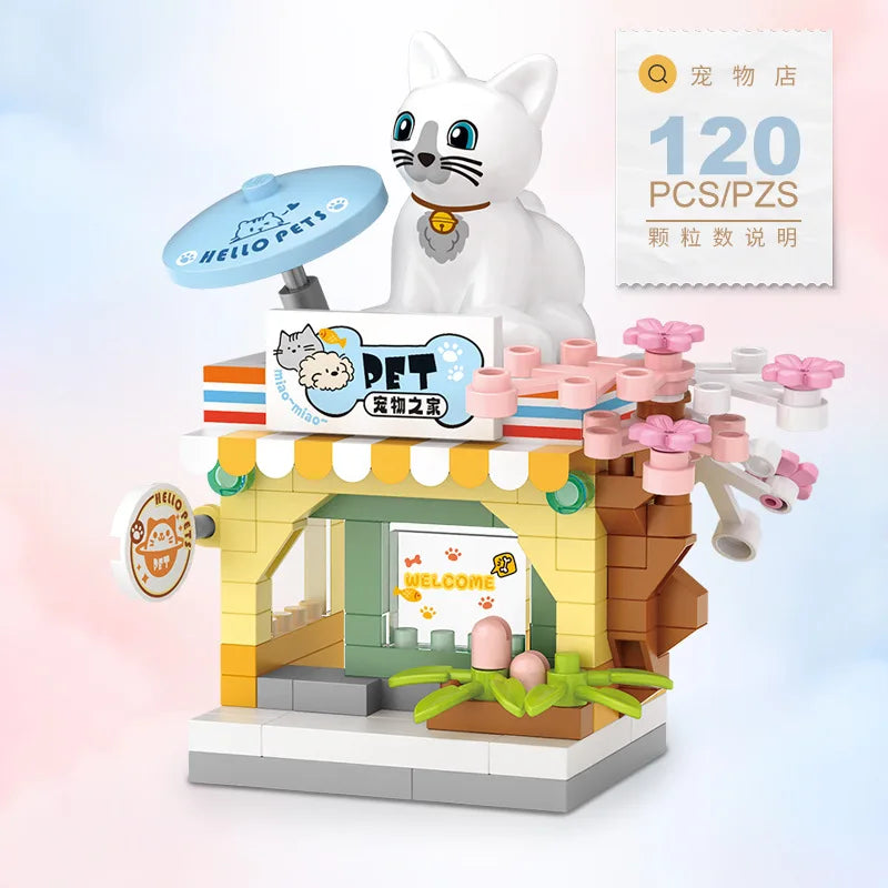 NEW Panda Pet Coffee Ice Cream Flower Shop Store Street View Food House Building Blocks Kit Girls Bricks Model Kids Toy Children