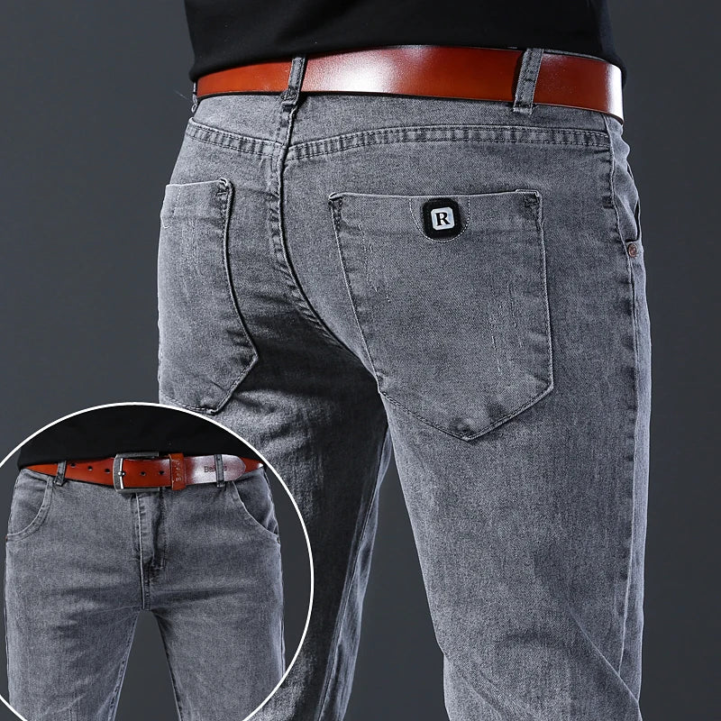 Men's Grey Mid-Waist Slim Stretch Jeans