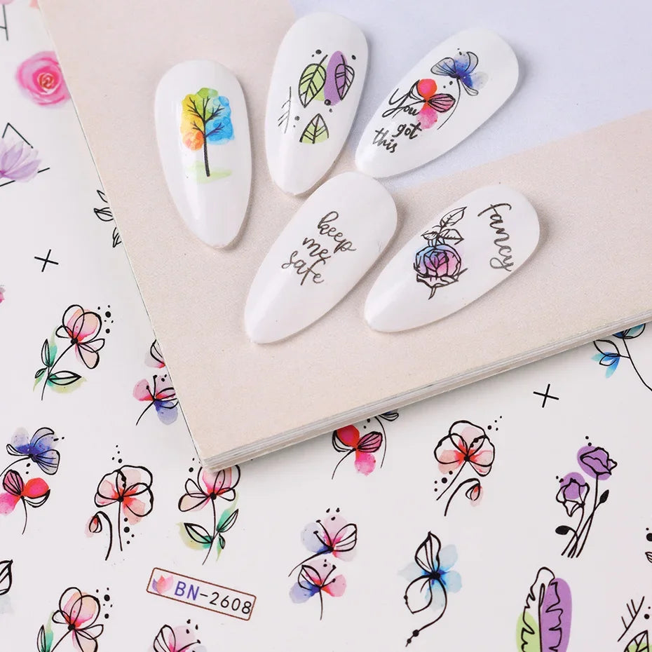 12 Pcs Summer Ink Blooming Flowers Nail Art Stickers, Water Decal Leaves Graffiti Slider Nail Decoration