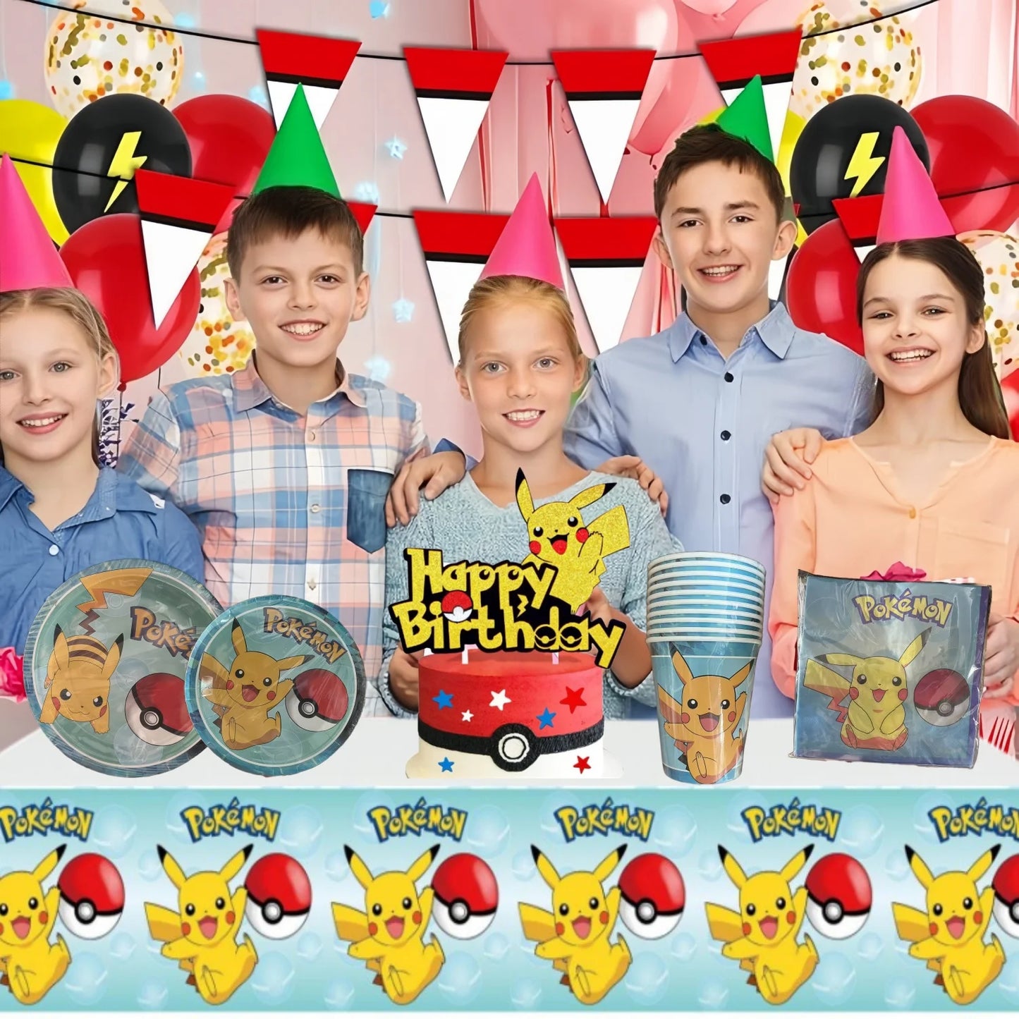 Decoration Pokemon Birthday Party Hats Pikachu Disposable Tableware Tablecloth Cup Plate Napkin Baby Shower Party Favors Pokemon