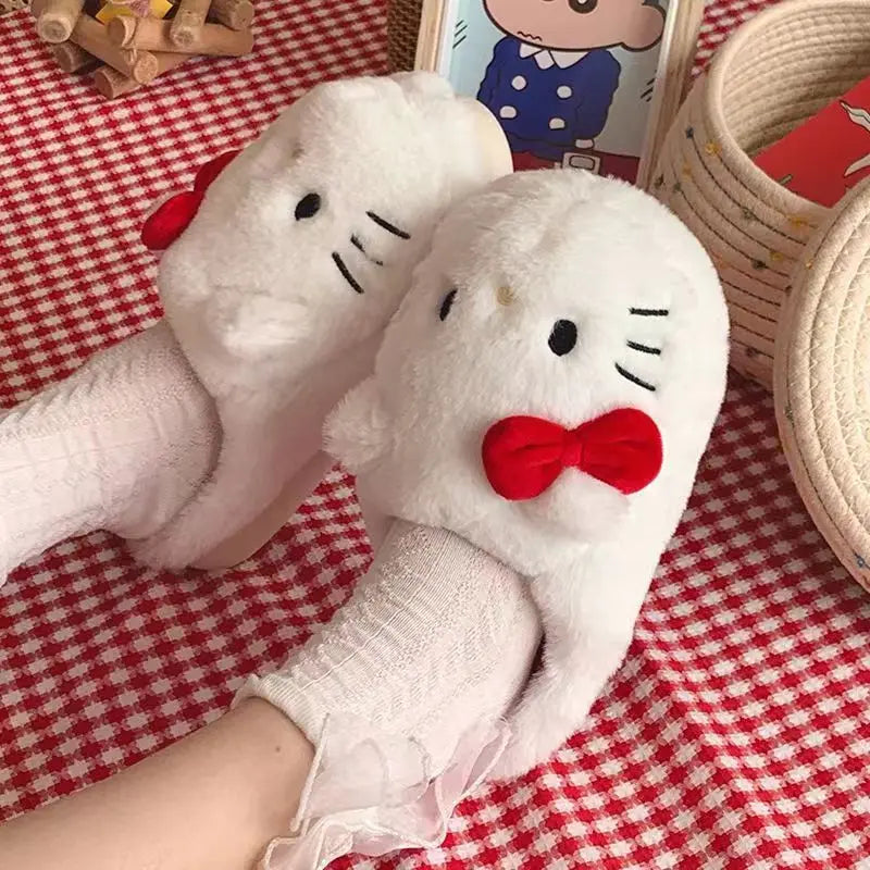 Kawaii Hellokitty Anime Warm Cotton Slippers Autumn Winter Thick Anti Slip Cartoon Plush House Slippers For Girls Surprise Gifts