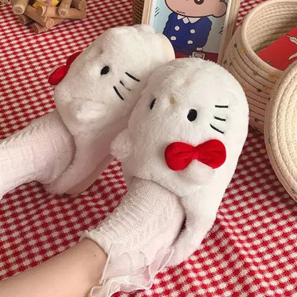 Kawaii Hellokitty Anime Warm Cotton Slippers Autumn Winter Thick Anti Slip Cartoon Plush House Slippers For Girls Surprise Gifts