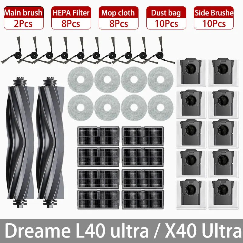 Dreame L40 Ultra / X40 Ultra Robot Vacuum Accessories Dust Bags Mop Main Side Brushes Cloths HEPA Filters Spare Parts