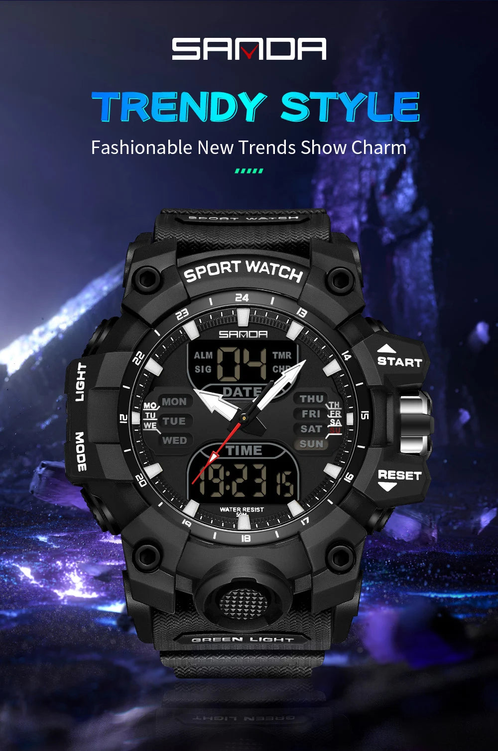 SANDA Outdoor Sports Military Mens Watch LED Digital Electron Quartz Male Wristwatch Dual Display Clock Men Relogio Masculino