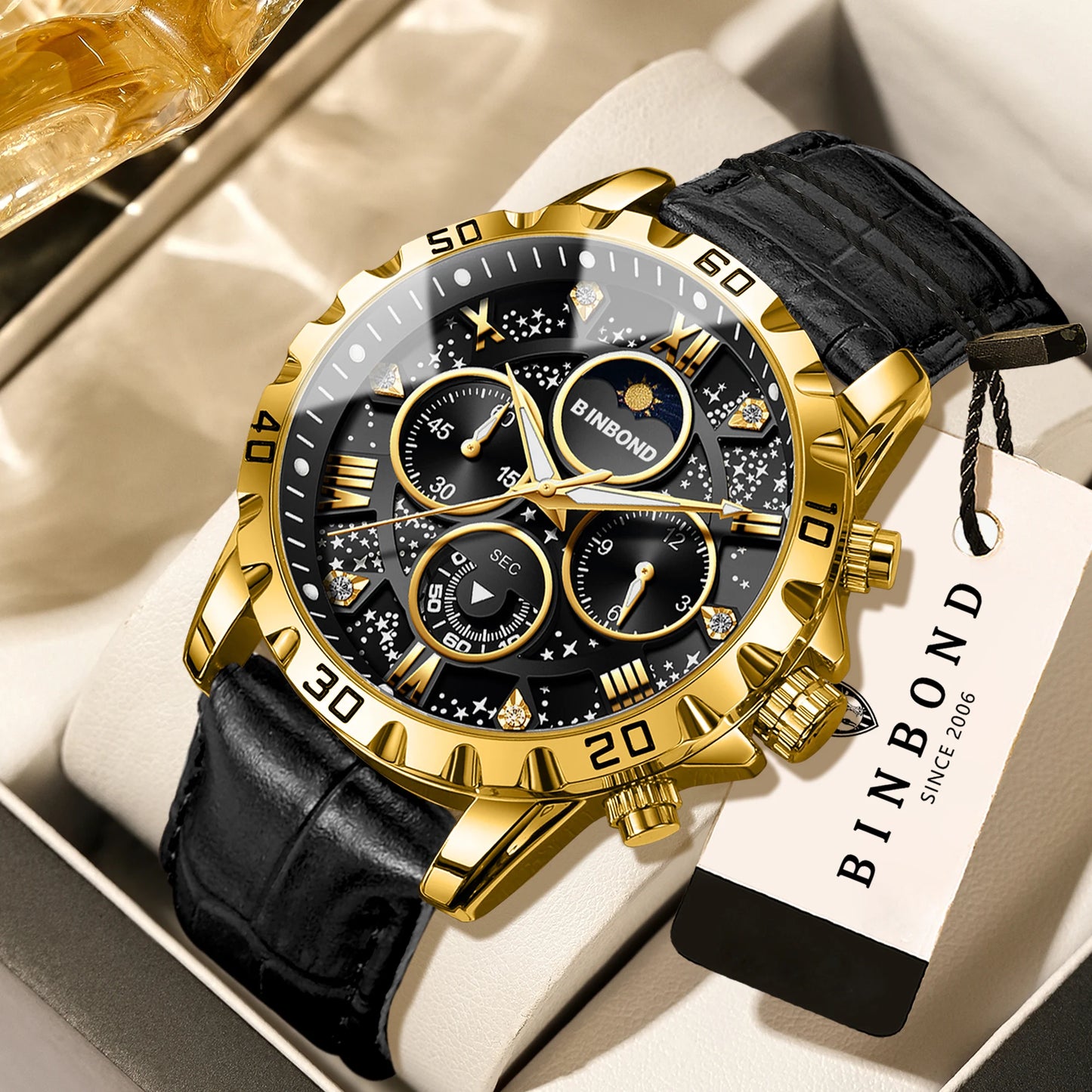 BINBOND Genuine accurate quartz wristwatches for men luxury luminous waterproof chronograph leather strap men's watch reloj