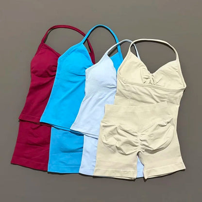 Yoga 2 Pieces Gym Set Women Backless Halter Tops High Waist Seamless Shorts Gym Suit Fitness Sports Bras Sportswear Workout Sets