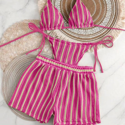 2026 new style boxer shorts mesh three-piece women's swimsuit neck lace-up bikini set