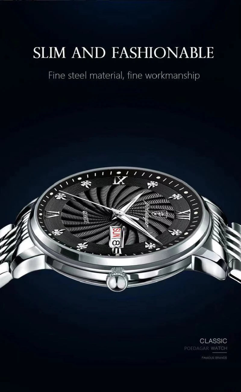 POEDAGAR Luxury Brand Man Watch Waterproof Luminous Date Week Men's Quartz Wristwatch Stainless Steel Fashion Sports Men Watches