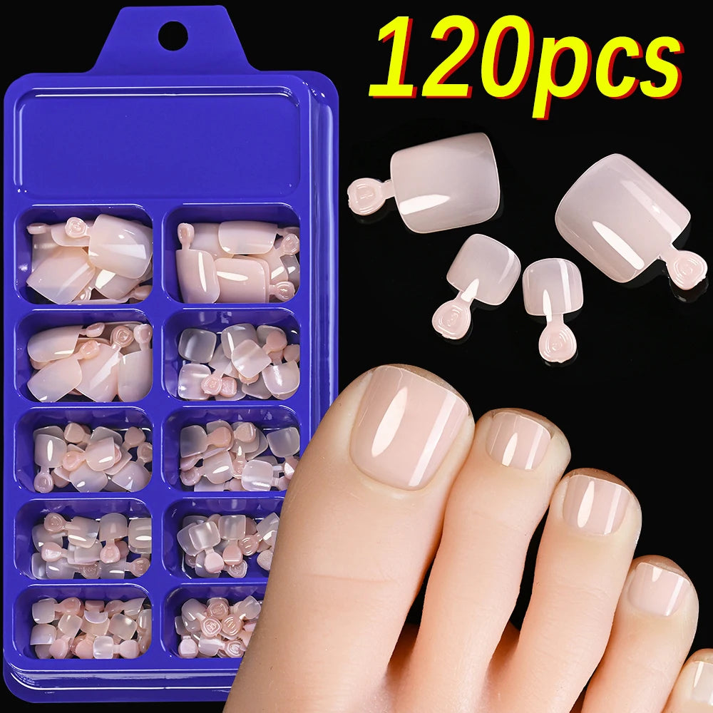 120Pcs 9-Colors French Fake Toenails Summer Short Sqaure Press On Toe Nails Tips Glossy Nude/Pink/Brown Full Cover False Toenail