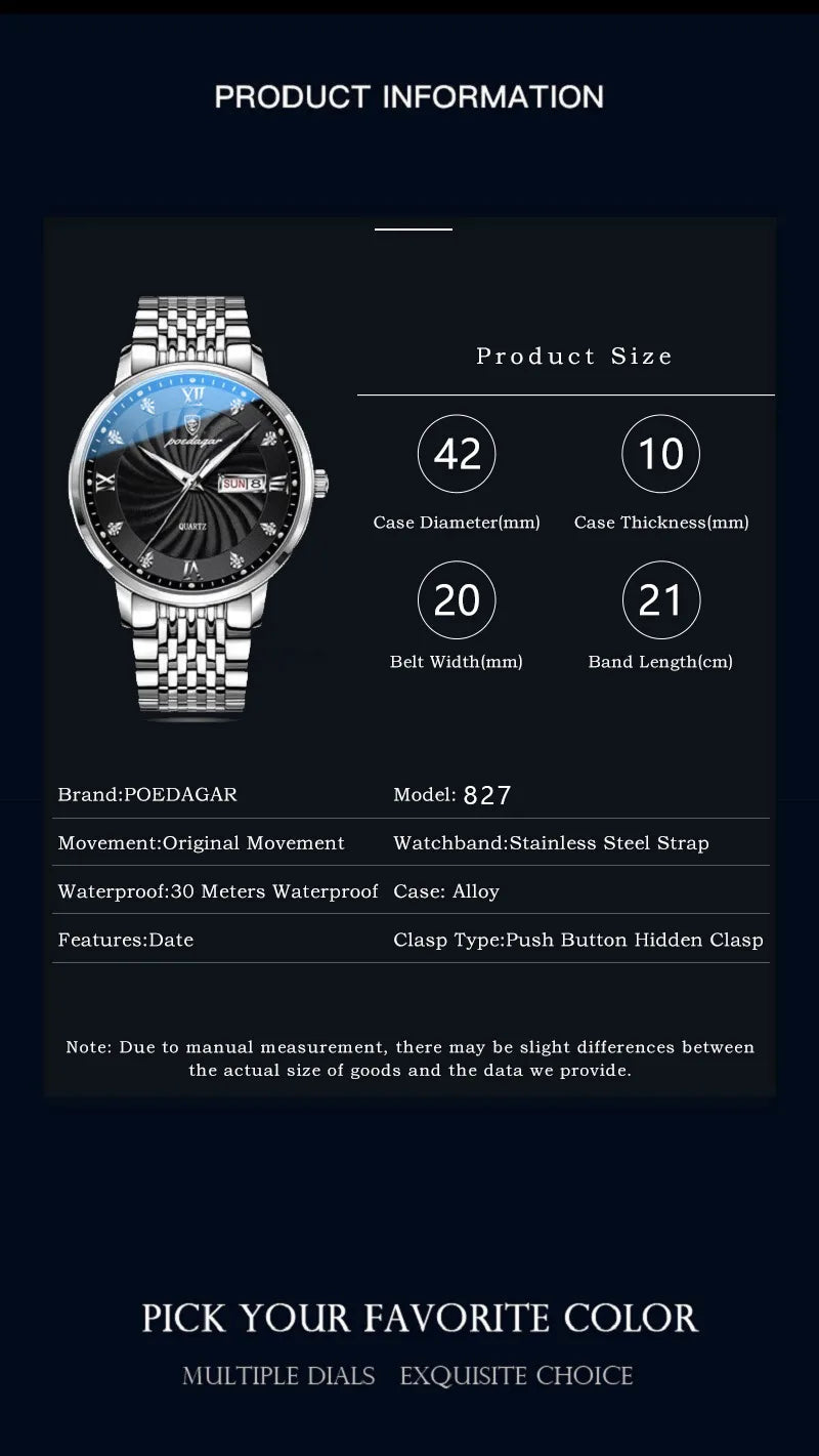 POEDAGAR Luxury Brand Man Watch Waterproof Luminous Date Week Men's Quartz Wristwatch Stainless Steel Fashion Sports Men Watches