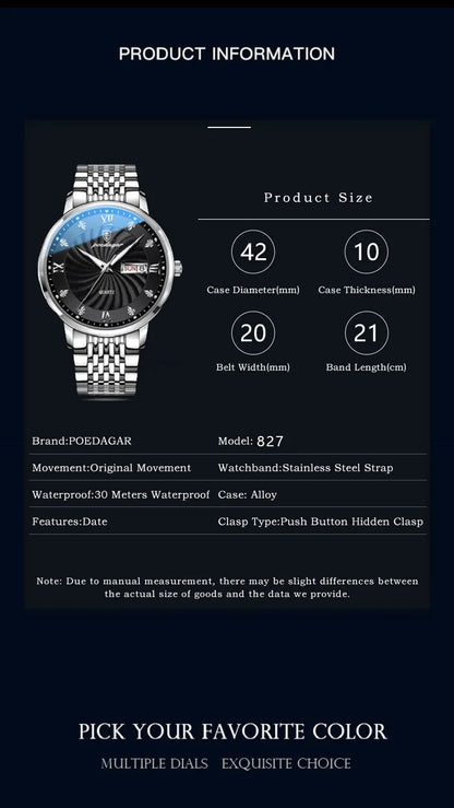 POEDAGAR Luxury Brand Man Watch Waterproof Luminous Date Week Men's Quartz Wristwatch Stainless Steel Fashion Sports Men Watches