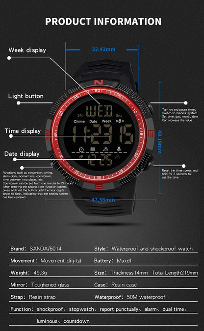 SANDA 6014 Military Sport Watch for Men Clock Digital Wristwatches Shockproof Countdown Waterproof Bracelet Relojes Para Hombre