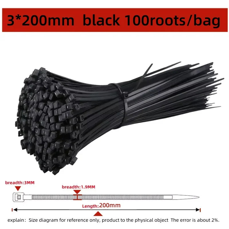 100pcs Black Cable Ties High Tensile Strength, Uv Resistant, Self-Locking For Home & Office Cord Management