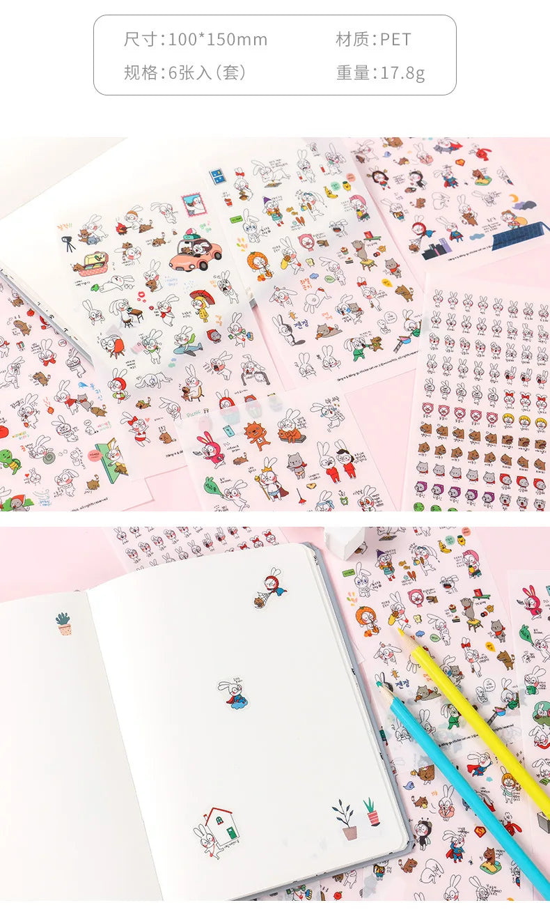 6Pcs/Lot Waterproof Cartoon Transparent Pvc Stickers DIY Hand Account Diary Decorative Stickers Kawaii Phone Cup Stickers