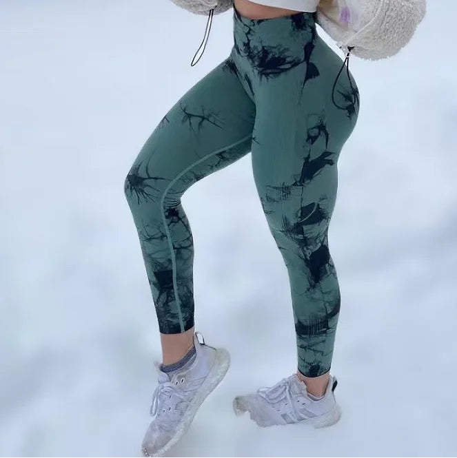 Women Athletic Tie Dye Gym Leggings Butt Lifting Workout Thick Elastic Yoga Pants Fitness Sports High Waist Training Tights