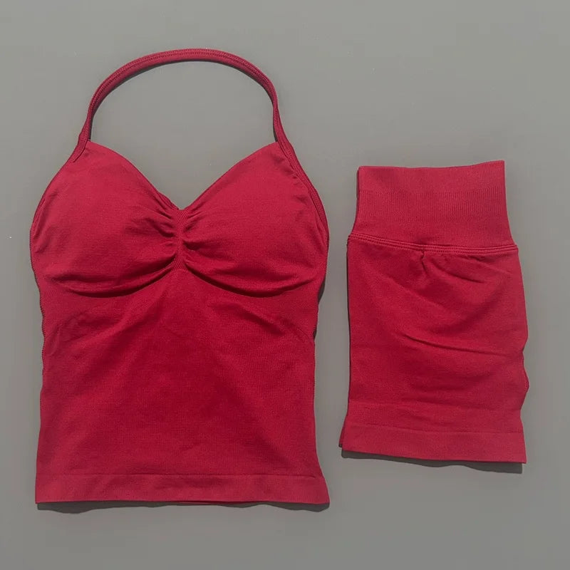 Yoga 2 Pieces Gym Set Women Backless Halter Tops High Waist Seamless Shorts Gym Suit Fitness Sports Bras Sportswear Workout Sets