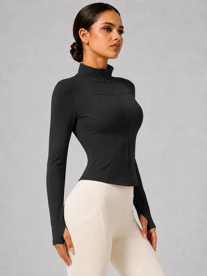 Women's Full-Zip Yoga Jacket, Slim Fit Long Sleeve Athletic Top with Thumb Holes, Lightweight Stretchy Workout Jacket for Runnin