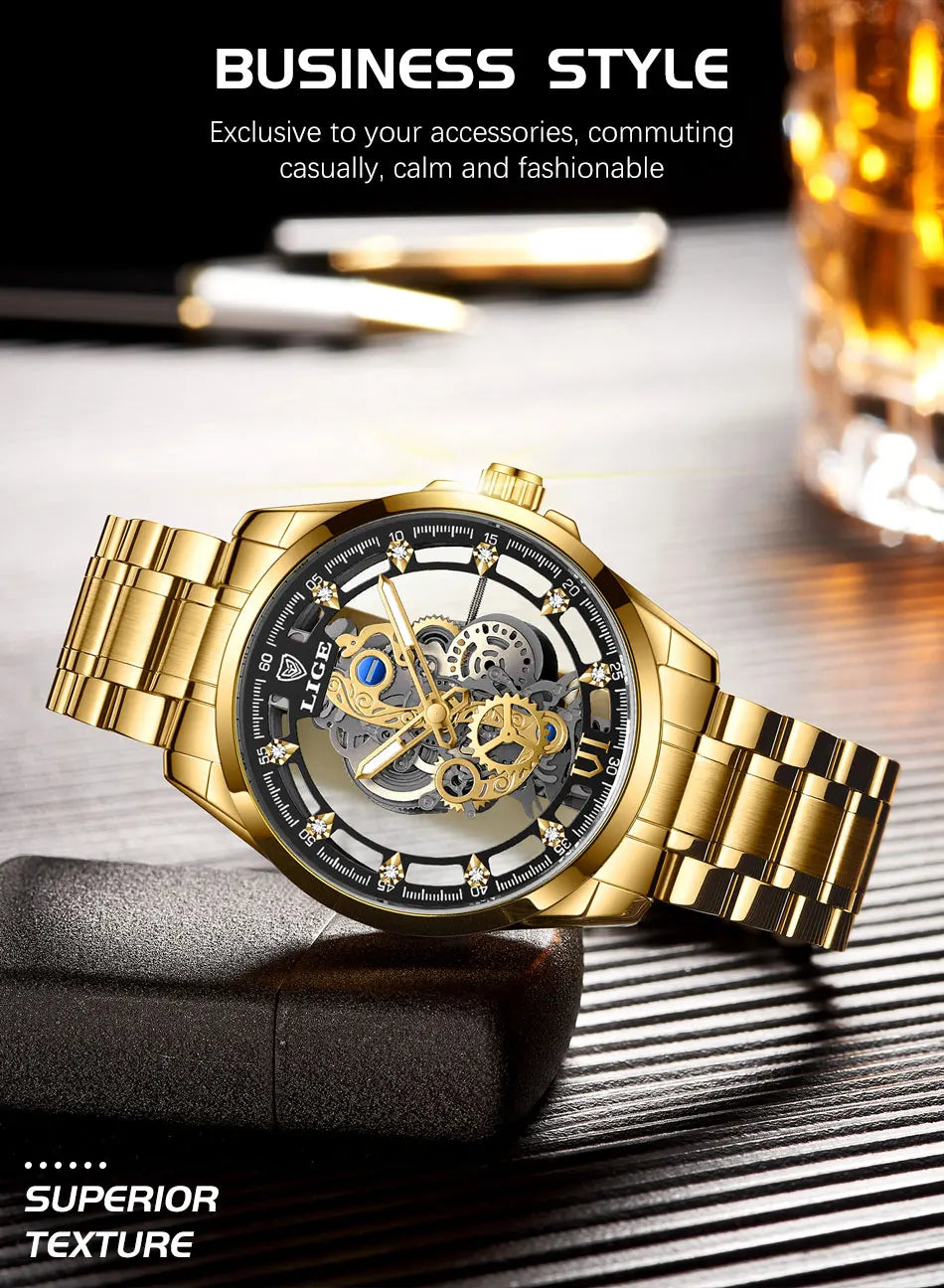 Original LIGE Men Watch Gold Stainless Steel Hollow Skeleton Quartz Watches for Men Fashion Military Waterproof Men Wristwatch