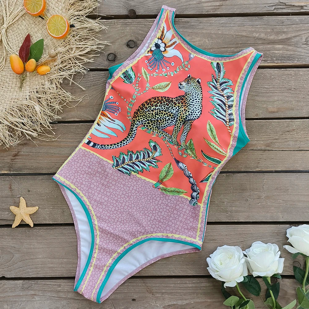 2026 New Printed One-piece Swimsuit Classic Printed Lace Up Swimsuit Women's Push Up Flower One-piece Suit Beach Wear For Female