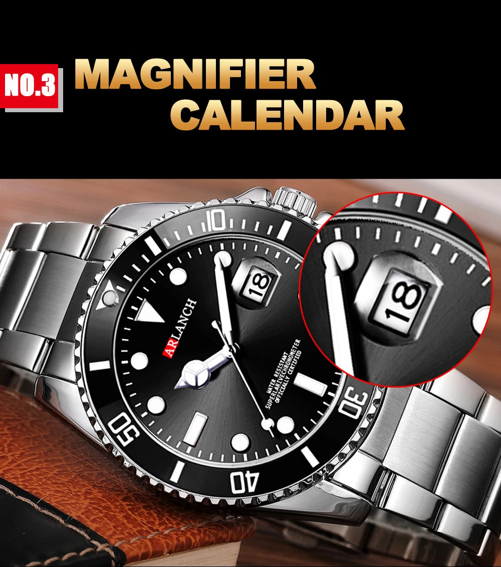 Business Stainless Steel Watch 40mm Classic Red Blue Circle Diving Series Magnifying Glass Calendar Quartz Watches montre homme